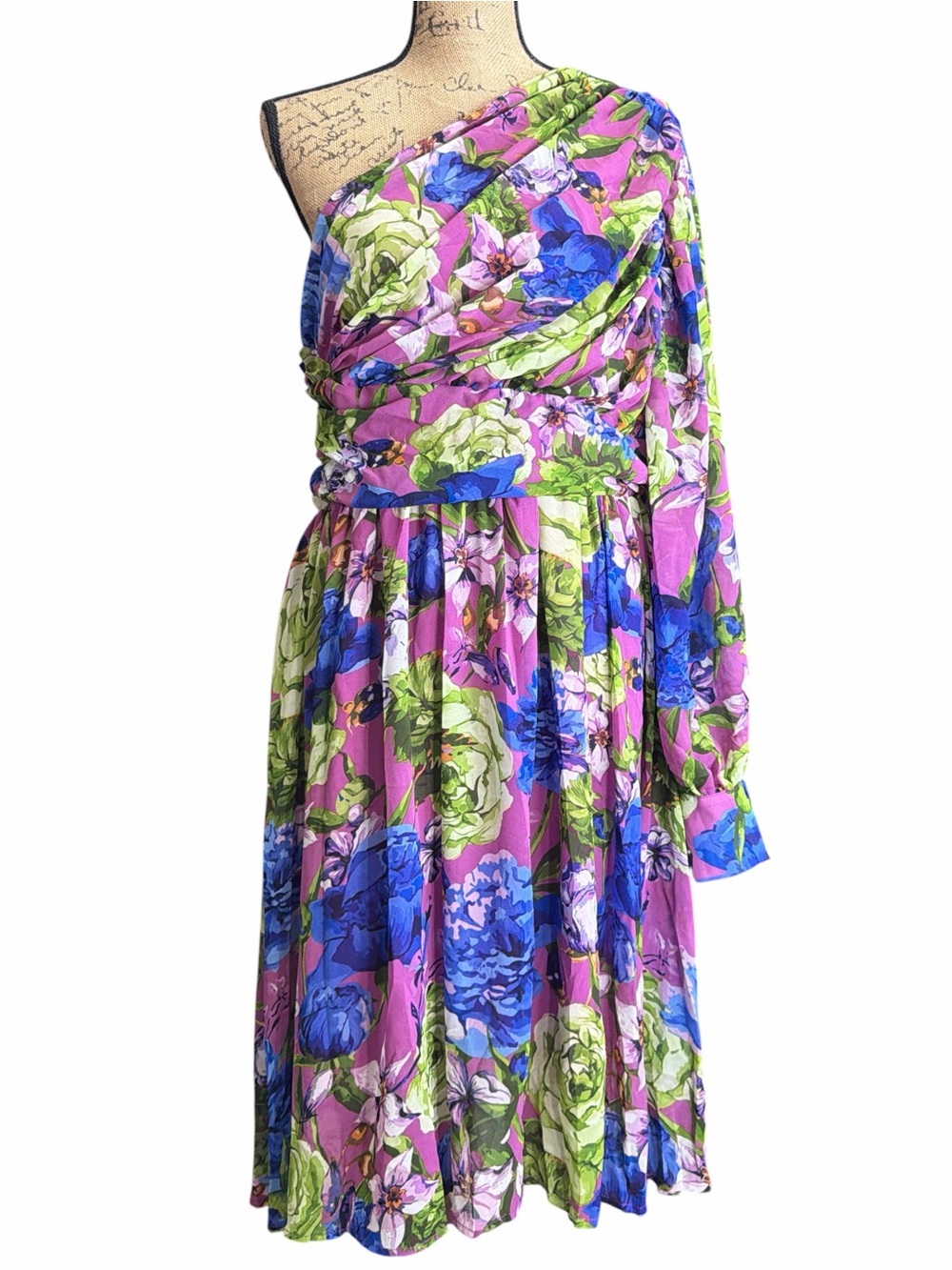 ChicMe Floral One-Shoulder Pink & Green Midi Dress. EC.  Size X-Large